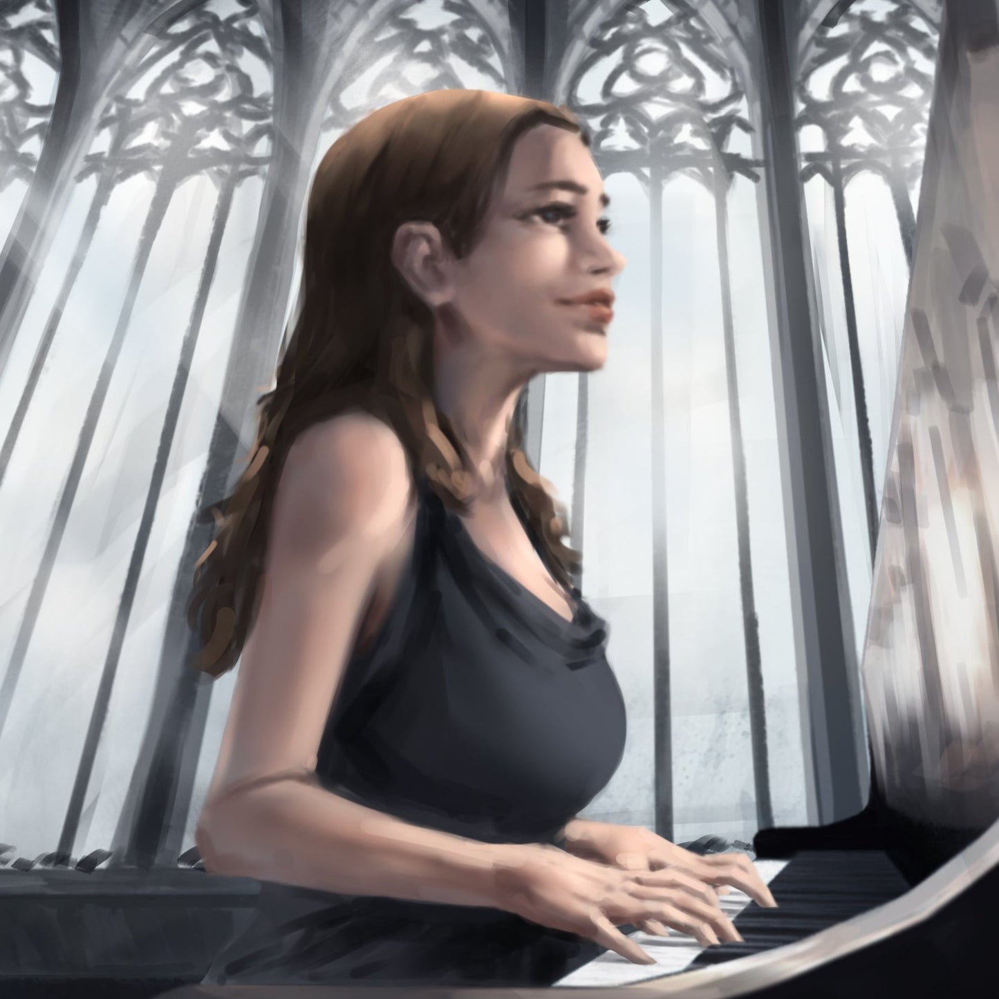 A low-angled view of a girl playing the piano in a cathedral.